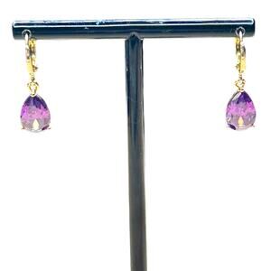 Huggie Hoop Purple Teardrop Dangle Gold Tone  Earrings